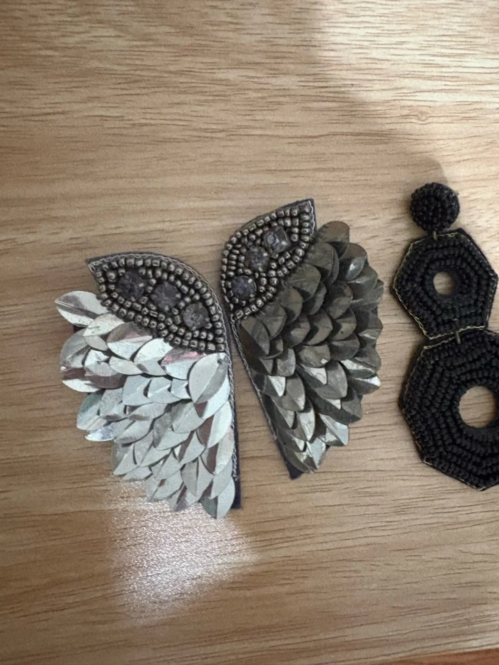 Black Beaded Hexagon Drop Earrings & Silver Butterfly Applique Set